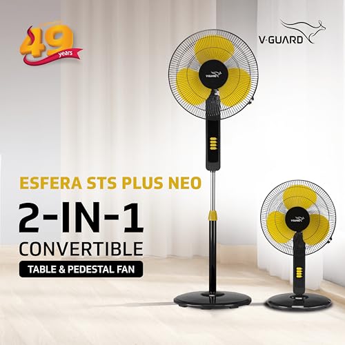 V-Guard Esfera STS Plus Neo 2-in-1 Pedestal & Table Fan 400mm | 1350 RPM High-Speed Motor | ~65 m³/min Air Delivery | 3 Speed | Smooth Oscillation & Tilt Control | Thermal Protection | Yellow Black view 2