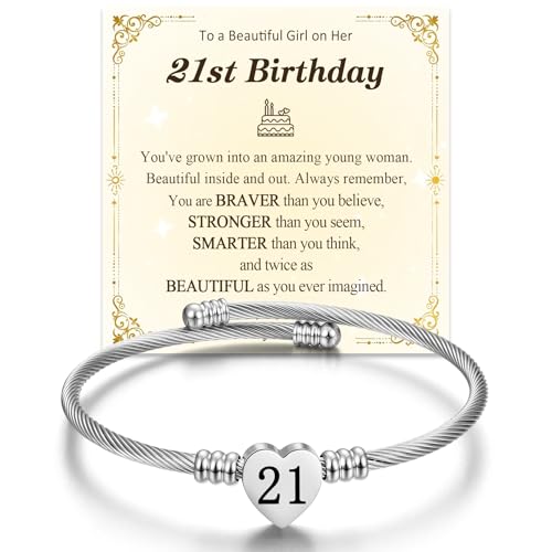 Image of JOPLY 21st Birthday Gifts for Women Her, Delicate 21st Birthday Silver Love Heart Cuff Bracelet Open Bangle Jewellery Gift for Best Friends, Bestie, Sister, Daughter, Niece, 21 Year Old Gift Ideas