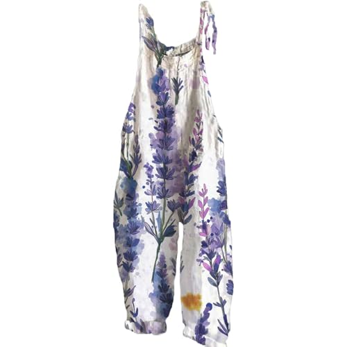 Floral Printed Jumpsuits For Womens Summer Boho Cotton Linen Wide Leg Overall Halter Baggy Comfy Jumpsuits
