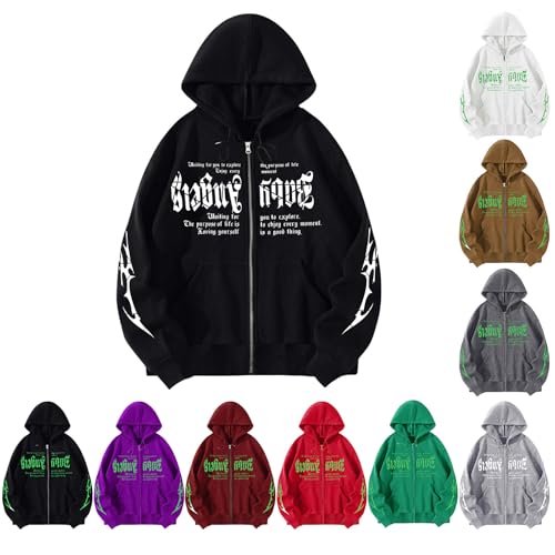 Y2k Hoodies for Man Full Zip Up Hoodies Pullover Gothic Print Style Hooded Sweatshirt Casual Long Sleeve Sweatshirts