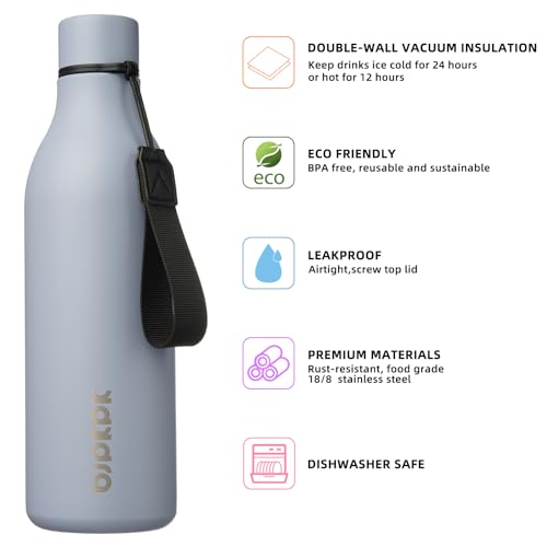 Image of BJPKPK Insulated Water Bottles, 25 oz Stainless Steel Metal Water Bottle with Strap, BPA Free Leak Proof Jugs, Mugs, Flasks, Reusable Thermal Flasks for Sports & Travel, Mist Grey