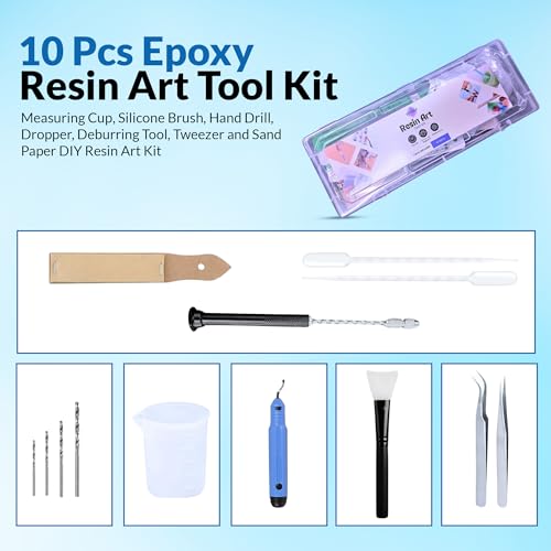 Image of R H LIFESTYLE 10 Pcs Epoxy Resin Art Tool Kit Measuring Cup, Silicone Brush, Hand Drill, Dropper, Deburring Tool, Tweezer and Sand Paper DIY Resin Art Kit