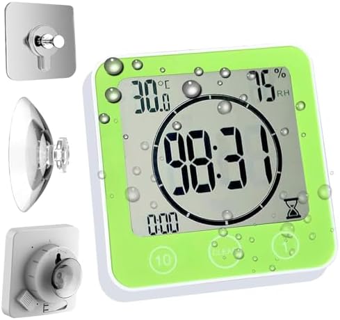 Touch Screen Shower No Falling Digital Alarm Clock Mirror Suction Wall Mounted Waterproof Bathroom Clock with Timer Temperature Humidity Monitor (Green)