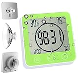 Waterproof Bathroom Wall Clock and Timer, Digital Water Resistant Hanging Timer for Shower, Large Display Kitchen Cooking Countdown Timers, Mirror Suction Clock with Temperature Humidity Meter (Green)