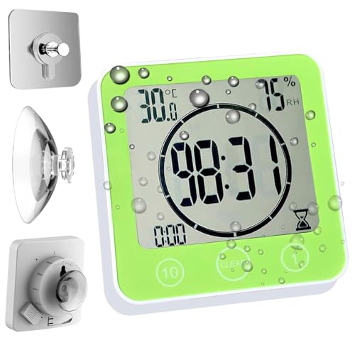 Waterproof Bathroom Wall Clock and Timer, Digital Water Resistant Hanging Timer for Shower, Large Display Kitchen Cooking Countdown Timers, Mirror Suction Clock with Temperature Humidity Meter (Green)