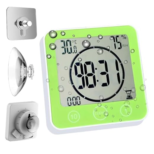 Timer Waterproof for Shower, Water Resistant Bathroom Wall Clock with Suction, Large Countdown Visual Timer for Kids, Digital Outdoor Hanging Clock with Temperature and Humidity Display (Green)