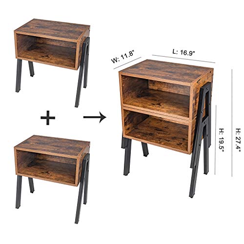 Homekoko Nightstand, Set Of 2 Stackable End Table, Side Table For Small Spaces, Industrial Accent Furniture, Metal Frame, Rustic Brown #TOP2