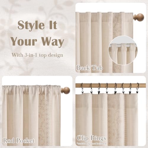 Image of Yinhua Boho Curtains for Living Room 84 Inch Long Beige Embroidered Floral Bedroom Curtains, Farmhouse Light Filtering Window Curtain Rod Pocket & Back Tab Drapes, 52 inch W x 84 inch L, 2 Panels