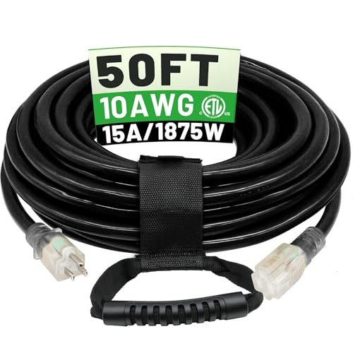POWGRN 50 Ft 10/3 Black Outdoor Extension Cord Waterproof Heavy Duty 10 Gauge 3 Prong, Flexible Cold-Resistant Long Power Cord Outside with Lighted Indicator End, 15Amp 1875W SJTW ETL Listed