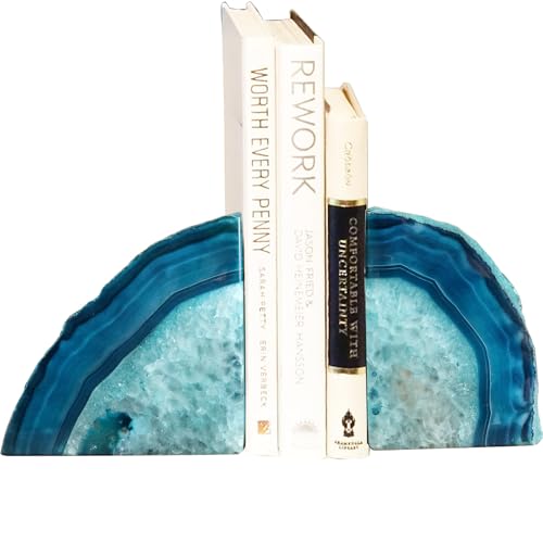 AMOYSTONE Agate Geode Bookends Heavy Duty Stone Book Ends Decorative Bookend Holder Home Office Decor with Rubber Bumpers Teal 1 Pair, 2-3 LBS