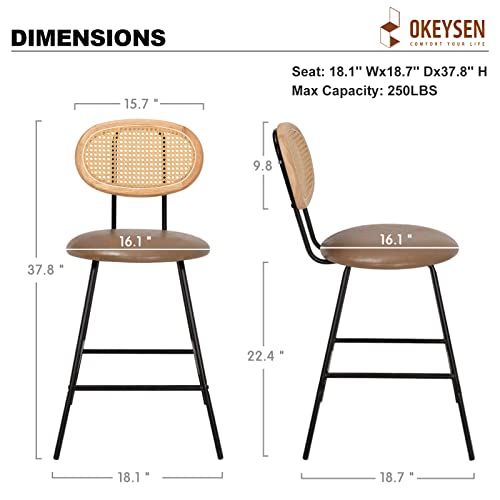 Okeysen Rattan Bar Stool,Indoor Faux Leather Bar Stools Set Of 2,Counter Height Bar Stools With Metal Leg&Rattan Backrest,Armless Dining Room Chairs For Kitchens Island #TOP1