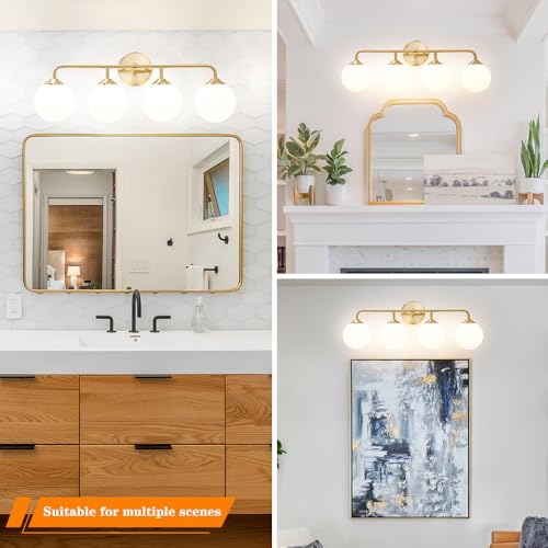 Image of Modern Brushed Brass Bathroom Light Fixtures, Elegant Gold 4-Lights Vanity Light Fixtures, Milky White Globe Glass Shade Vanity Light over Mirror, Wall Sconces for Bathroom Dressing Table Bedroom