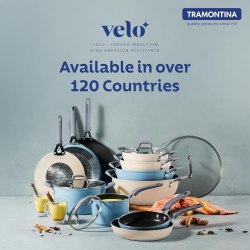 Image of TRAMONTINA Velo 24cm Shallow Kadai with Lid 2.9L | Ceramic-Reinforced Coating | Tempered Glass Lid | for Curry, Stir Fry, Sauteing & Everyday Cooking | Gas & Induction Compatible | Sand Beige
