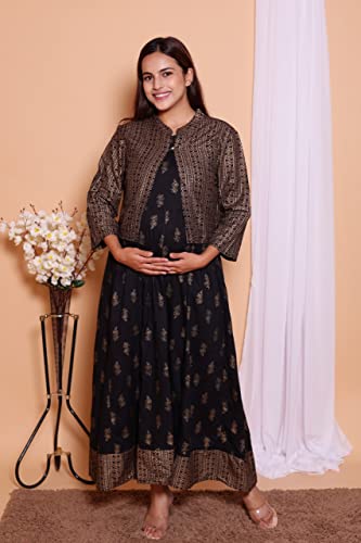 Image of Rayon Printed Maternity Wear Gown Having Conceled Zip for Feeding with Jacket
