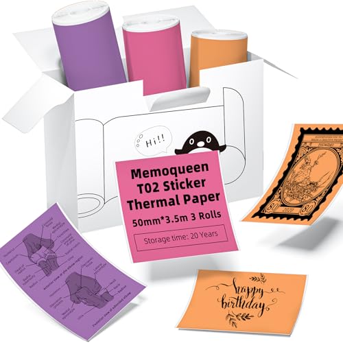 Image of T02 S002 AHM2 Mini Printer Color Thermal Sticker Paper, 50mm, 3 Rolls | 50mmx3.5mm, Strong Sticky, DIY Journal, Color Labels, Keep for 20 Years, 3 Rolls