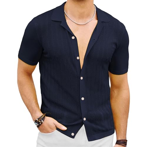 Mens Button Down Hollow Out Knit Shirts Casual Knitted Beach Vintage Polo Shirts Cuban Collar Shirt Short Sleeve (Blue 1,Small)