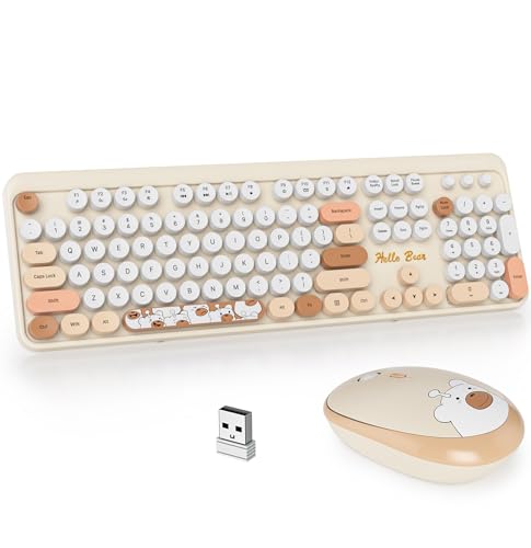 Image of GTSP Creamy Wireless Keyboard and Mouse, Typewriter Office Full-Sized Colorful 2.4G Cute Aesthetic Keyboard for Computer, Laptop, PC Desktops(Brown)