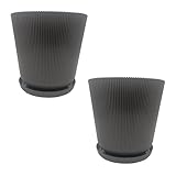 Relaxdays Blumentopf, 2er Set, Pflanztopf mit Untersetzer, Rillen, HxD: 20 x 20 cm, Kräutertopf, Kunststoff, dunkelgrau