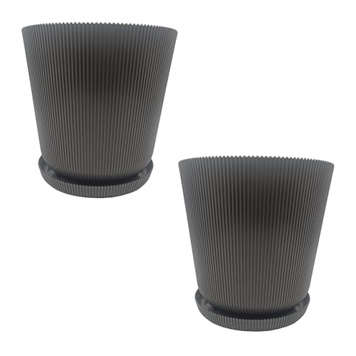 Relaxdays Blumentopf, 2er Set, Pflanztopf mit Untersetzer, Rillen, HxD: 20 x 20 cm, Kräutertopf, Kunststoff, dunkelgrau