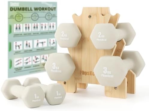 PhysKcal 6er- Hanteln Set mit Bambusständer, Kleine Neopren Kurzhantel Set | Stilvolles Fitnessgeschenk für Anfänger, Damen und Kinder, ästhetisch als Wohnaccessoire, ideal für Pil
