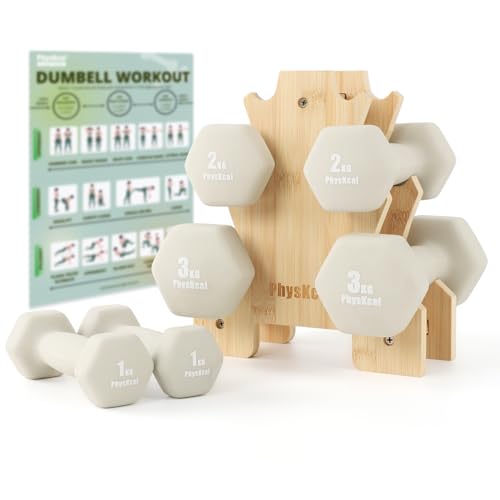 PhysKcal Kurzhantel Set mit Bambusständer | Dumbbells Set | 2 x 1kg, 2 x 2kg, 2 x 3kg Hanteln Set...