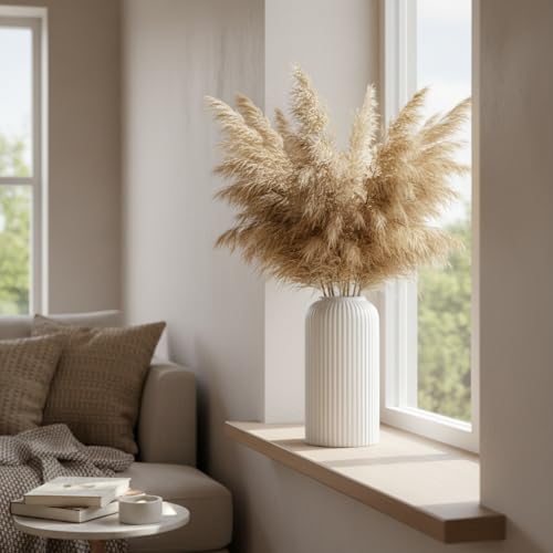 Image of White Ribbed Ceramic Flower Vase 6 Inch Matte Pampas Grass & Dried Flower Vase for Home & Office Table Decor Decorative Centerpiece Gift - Vase Only