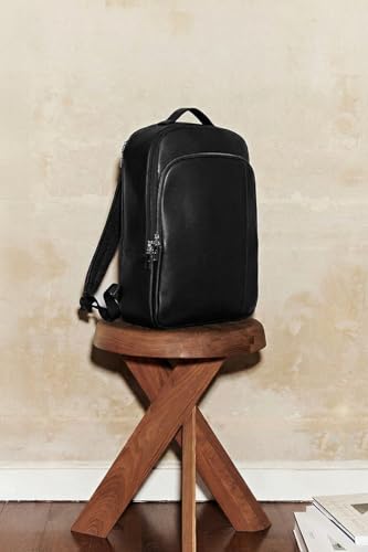 Image of SNITCH Black VeganLeather Backpack, Minimalist Style, Zippered Compartments, Top Handle
