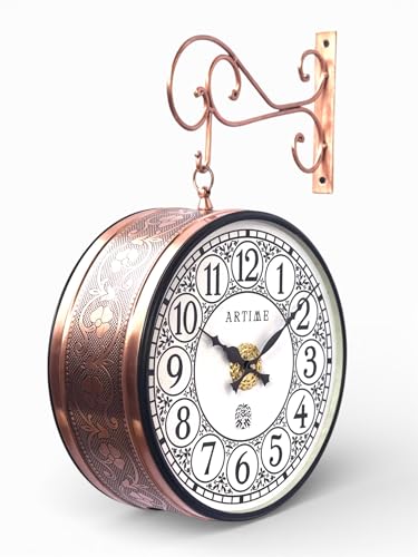 Image of Handcrafted Double Side Metal Analog Vintage Wall Clock | 1.5 Year Machine Warranty | 12 INCHES | 1 Side Number 1 Side Roman,Color Copper Finish