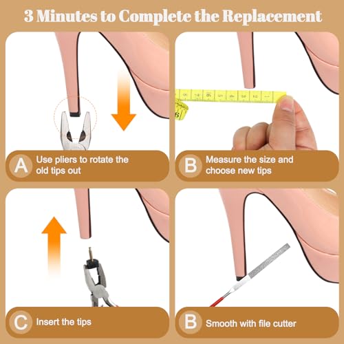 Image of 24 Pairs 6 Size High Heel Replacement Tips Kit with Upgrade Heel Caps Remove Pliers, Storage Box and Tape Measure, U-Shaped and Round Heel Tips Caps Suitable for All Kinds of High Heels
