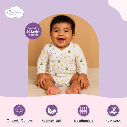 Image of MOM'S HOME Organic Cotton Front Open Kimono Onesie For Newborn Baby | New Born Clothing For Boys & Girls | 0-6 Months | Pack of 1
