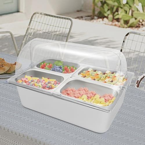 Countertop Ice Food Serving Display Container - Stainless Steel Buffet Condiment Dispenser with Clear Roll Top Cover, Includes 4 Pans, 4 Clamps, 4 Spoons for Salad Dressings and Appetizers