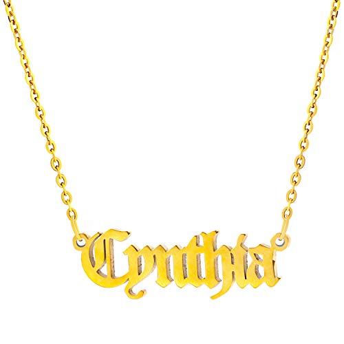 JoycuFF Cynthia Personalized Name Necklace Old English Cute Stainless Steel Pendant 14K Gold Filled Jewelry Unique Gifts for Mom Women Teen Girls Sister Bridesmaid Best Friend