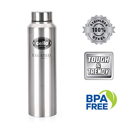 Image of CELLO Crysta Stainless Steel Water Bottle for Daily Use 1000ml Silver | Single Wall Freezer & Fridge Safe, Rustproof & Leak Proof Lightweight Easy to Carry Steel Water Bottle for Office Travel and Gym