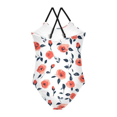 Floral Pattern Red Roses Kids Girls 1-Piece Swimsuits Summer Swimming Suits Adjustable Strap UPF 50+2
