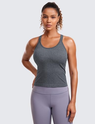 Image of CRZ YOGA Seamless Rib Racerback Tank Tops | Light Support, Built in Bra, Removable Pads, Yoga, Ribbed, High Neck, for Women