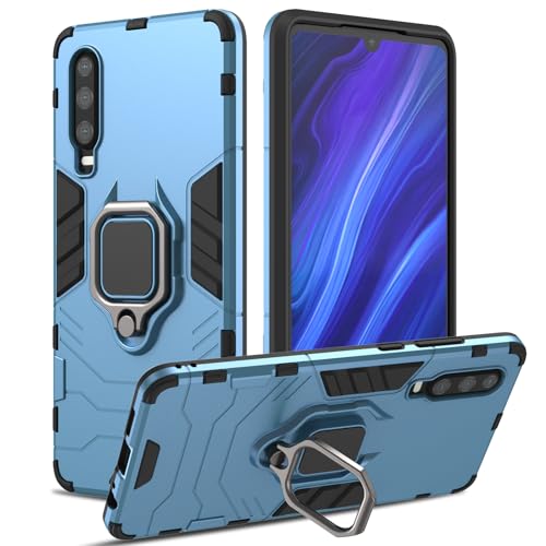 RIIMUHIR Hülle für Huawei P30 Panzerhülle mit 360 Metall Ring Ständer Kratzfestes Stoßfest Hart Handyhülle Armor Hülle mit Kameraschutz (Blau)