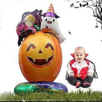 Image of AMFIN (Pack of 1) Self-Standing Halloween Ghost Pumpkin Foil Balloon with Base - 47 Inch Giant Inflatable Pumpkin Balloon with Ghost & Haunted House - Multicolour