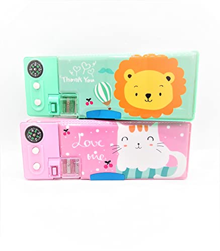 IKSHU Magnetic Pencil Box Dual Sharpner with Compass,Jumbo Dual Side Magnetic Box for Girls and Boys for School, Big Size Pencil Box, Kids Pencil Case Set of 2 Pcs (Multicolor)