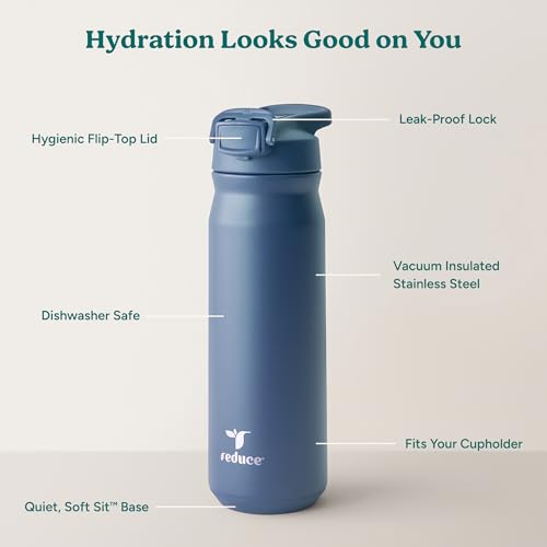 Image of REDUCE 24 oz Hydrate Pro Stainless Steel Insulated Water Bottle - Flip Top Leak-Proof Lid, Dishwasher Safe, BPA-Free, Dual Wall Vacuum, Keeps Drinks Cold for 48 Hrs, Cup Holder Friendly - Mineral Blue