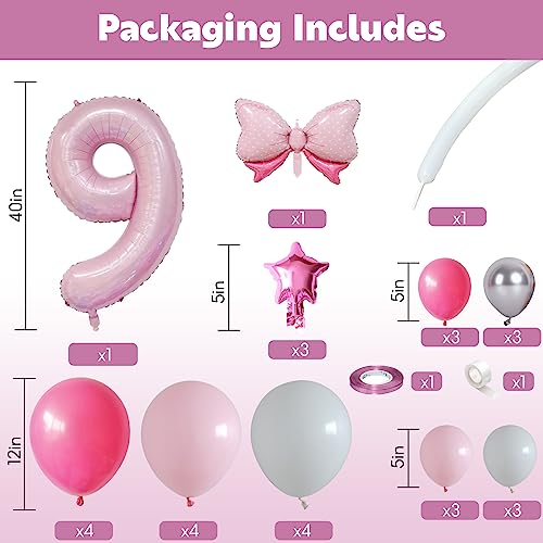 Image of 40 Inch Pink Number 9 Balloon Tower 9th Birthday Decorations for Girls