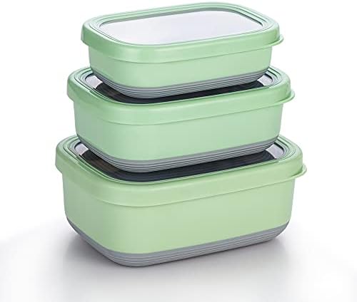 Lille Home Premium Stainless Steel Food Containers/Bento Lunch Box With Anti-Slip Exterior, Set of 3, 470ML, 900ML,1.4L, Leakproof, BPA Free, Portion Control, Green