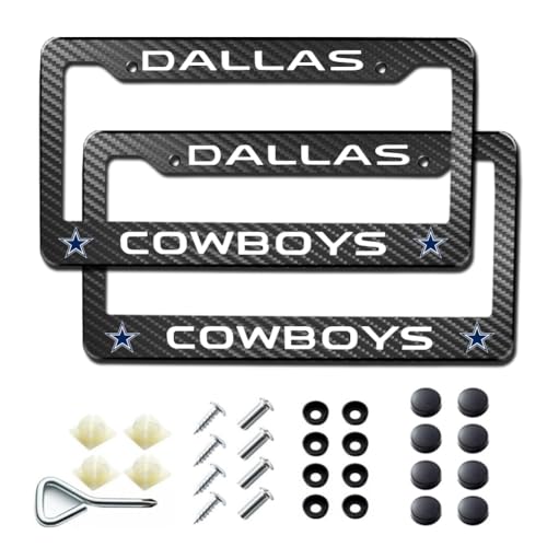 2Pack Carbon Fiber License Plate Frames for Cowboys, Black Aluminum Front & Rear Car Tag Holder Cover, Heavy Duty License Plate Bracket Car Accessories