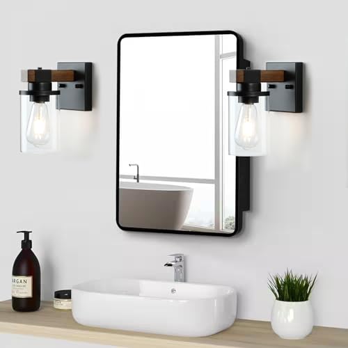 Image of Wonlity-Bathroom Vanity Light Fixtures Over Mirror, 1-Light Black and Wood Grain Color Bathroom Lights, Wall Sconces with Clear Glass Shade for Hallway Farmhouse Bedroom Living Room Staircase Kitchen