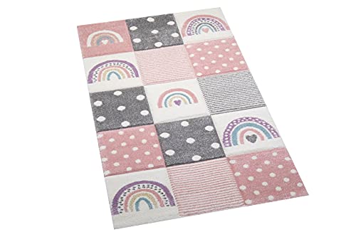 Teppich-Traum Kinderzimmer Teppich Spielteppich Regenbogen Punkte Herzchen rosa grau Creme Größe...
