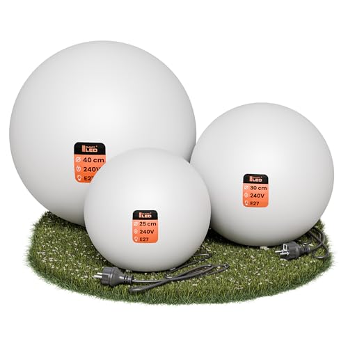 SMART LED Kugelleuchte für Garten IP65 - Set 25/30/40 cm Kugel Außenleuchte - E27 230V - Winterfest - Erdspieße Austauschbare Lichtquelle Weg- und Gartenbeleuchtung (Ø25/Ø30/Ø40)