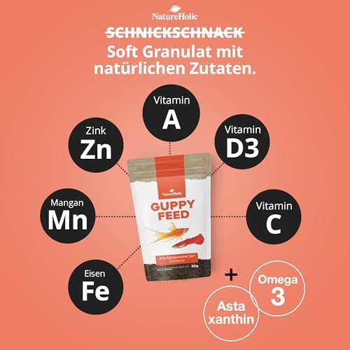 NatureHolic Guppyfutter feines Softgranulat I Fischfutter Aquarium | Hauptfutter I Gesundheit und Farbenpracht I schonende Herstellung I Made in Germany I 30g