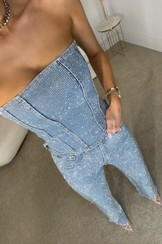 THLAI 2 Piece Diamonds and Denim Outfits for Women Shiny Tube Top and Wide Leg Jeans Set Summer Denim Outfits2