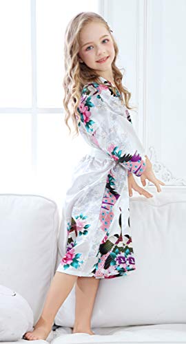 Timsophia Kids Satin Floral Kimono Robe-Flower Girl Bath Robe For Wedding Party Gift(Peacock White,10) #TOP3