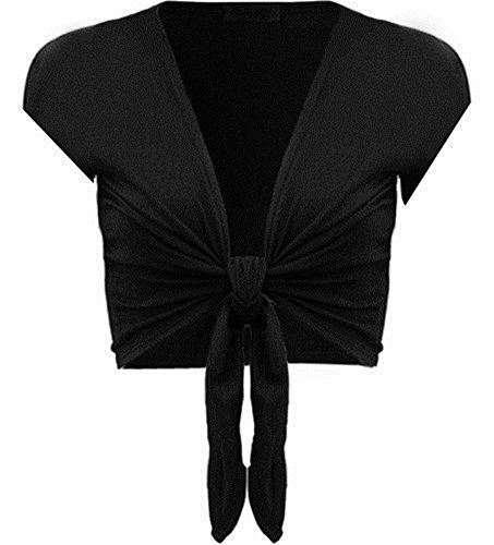 COMMENCER Womens Short Sleeve Plain Front Tie Bolero Top Cropped Cardigan Shrug Black-L/XL