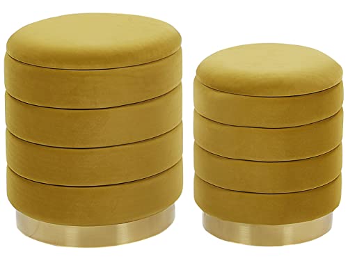 Conjunto de 2 pufs con almacenaje tapizados en terciopelo de poliéster amarillo base de acero inoxidable dorada diseño moderno Garland
